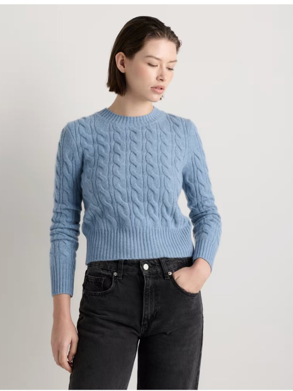 Mongolian Cashmere Shrunken Cable Crewneck Sweater